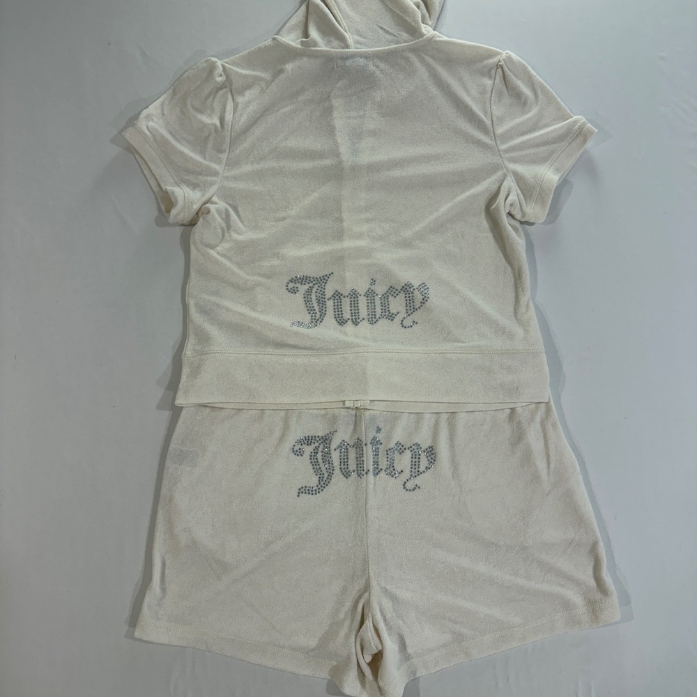 Juicy Couture Womens Large Cream Terry Cloth Hoodie Shorts Set Rhinestone Logo